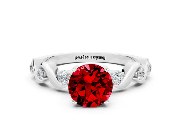 Platinum Round Cut Ruby Solitaire Twisted Band with Round  Accents and Prong Setting