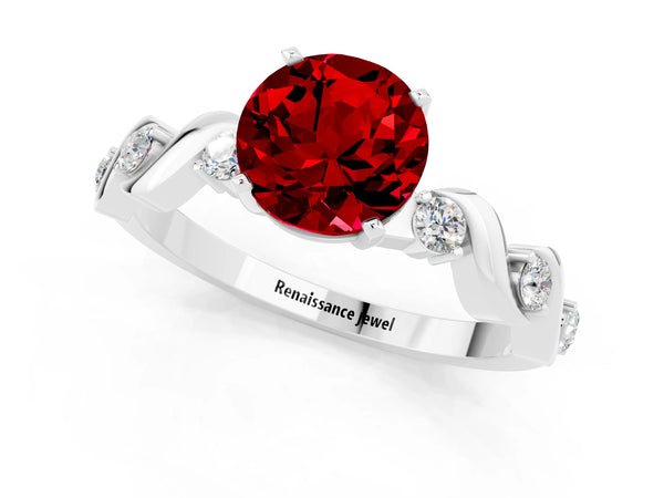 Platinum Round Cut Ruby Solitaire Twisted Band with Round  Accents and Prong Setting