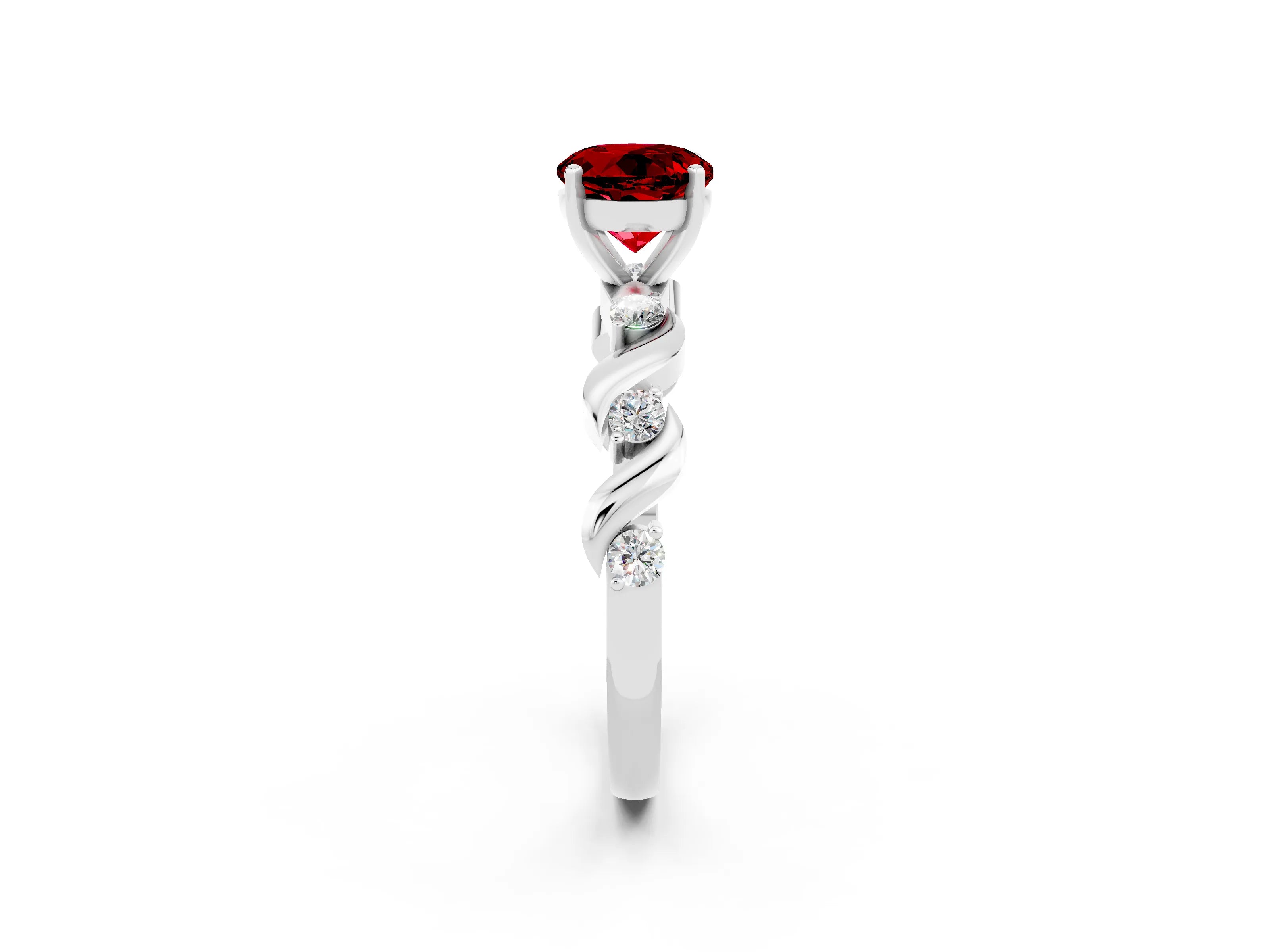 White gold Round Cut Ruby Solitaire Twisted Band with Round  Accents and Prong Setting_14