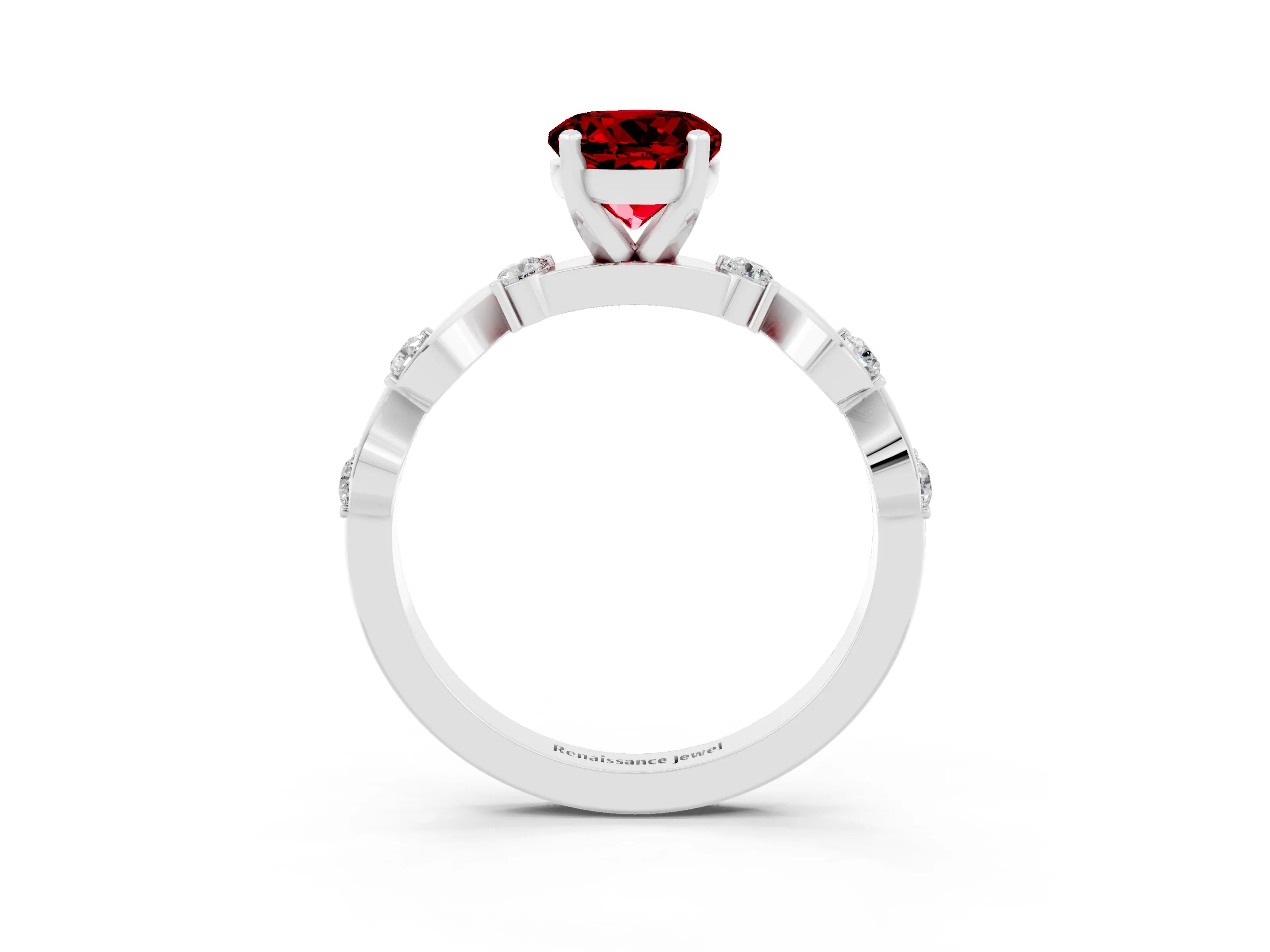 White gold Round Cut Ruby Solitaire Twisted Band with Round  Accents and Prong Setting_15