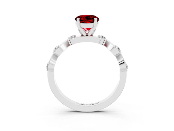 Silver Round Cut Ruby Solitaire Twisted Band with Round  Accents and Prong Setting