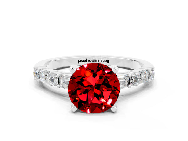 Platinum Round Cut Ruby Solitaire with Side Baguettes and Channel Set Band