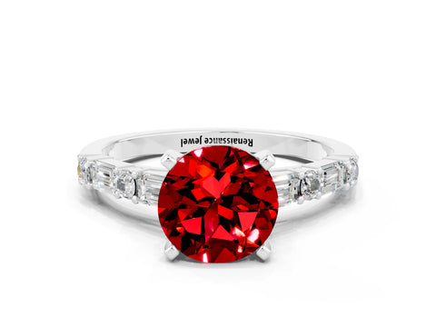White gold Round Cut Ruby Solitaire with Side Baguettes and Channel Set Band