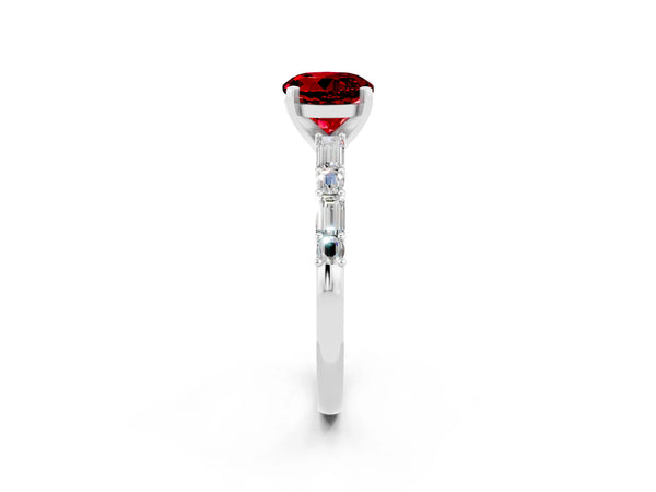 Silver Round Cut Ruby Solitaire with Side Baguettes and Channel Set Band