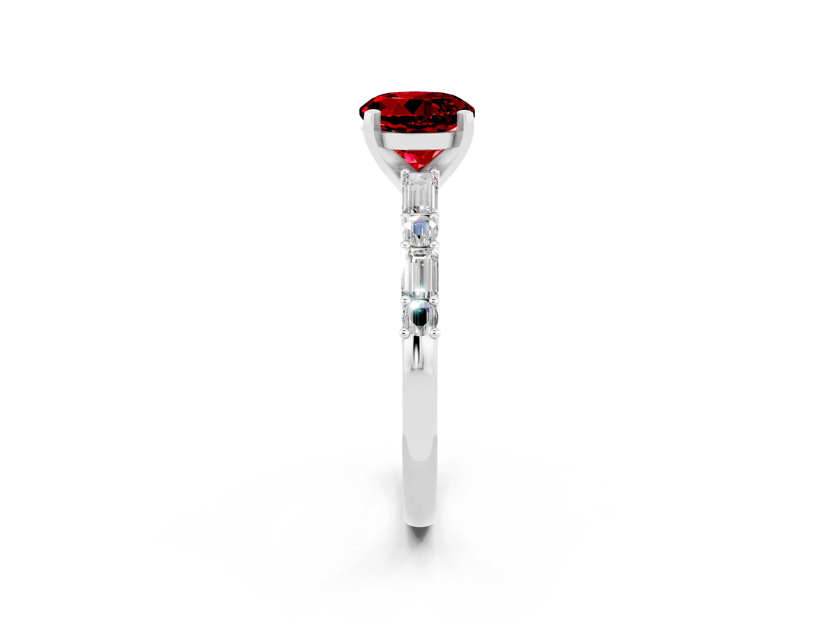White gold Round Cut Ruby Solitaire with Side Baguettes and Channel Set Band_2