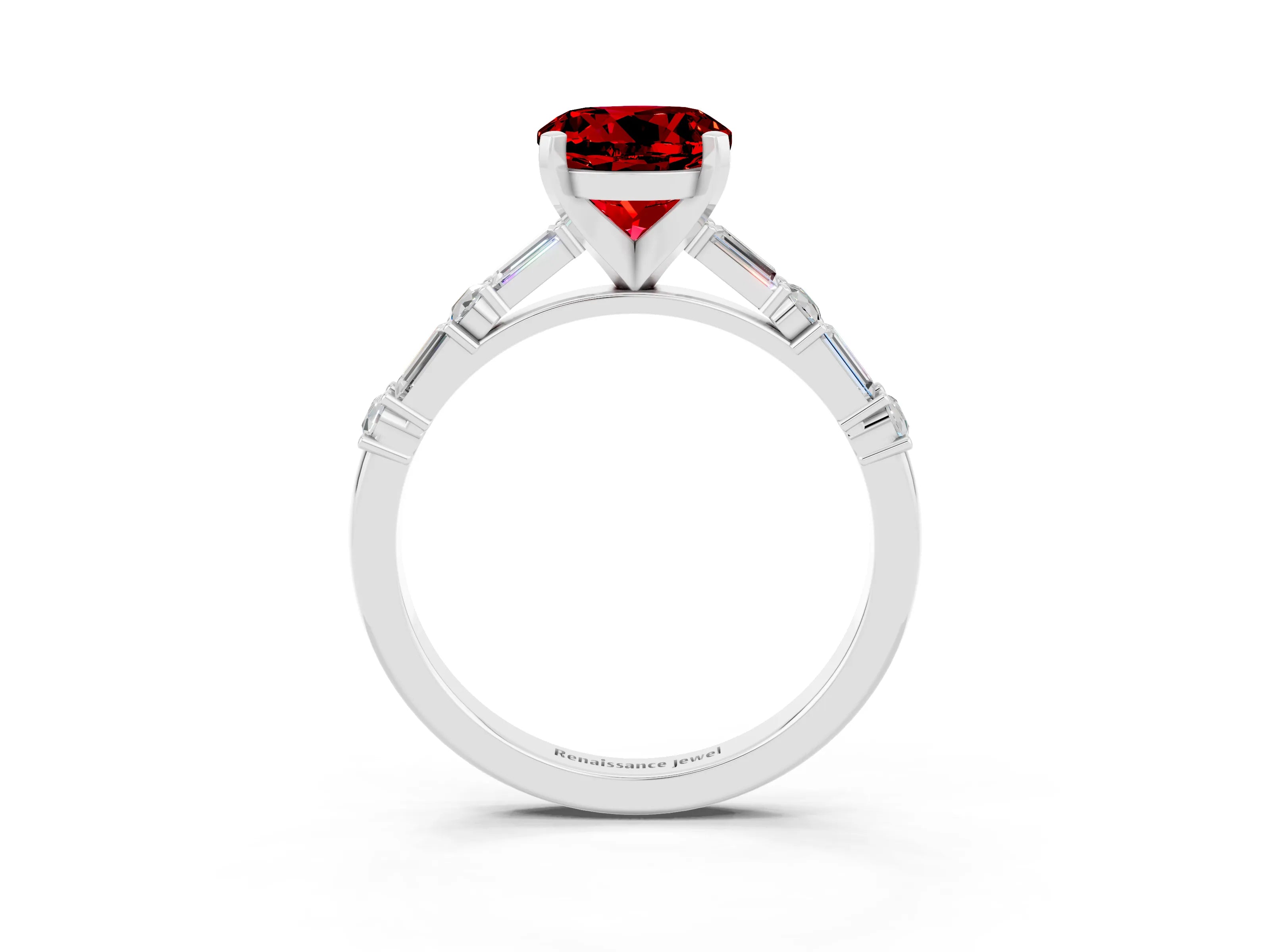 White gold Round Cut Ruby Solitaire with Side Baguettes and Channel Set Band_3