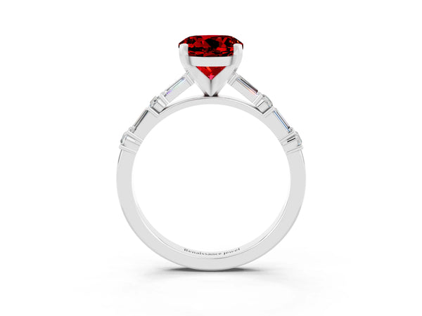 White gold Round Cut Ruby Solitaire with Side Baguettes and Channel Set Band