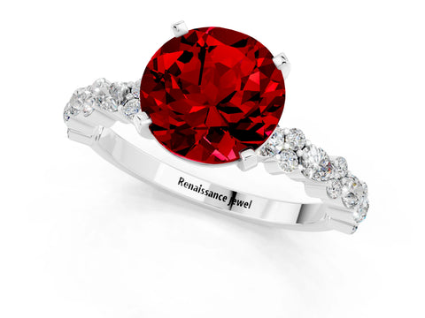 White gold Round Cut Ruby Solitaire with Side Stones, Pave Band, Four-Prong Setting_55