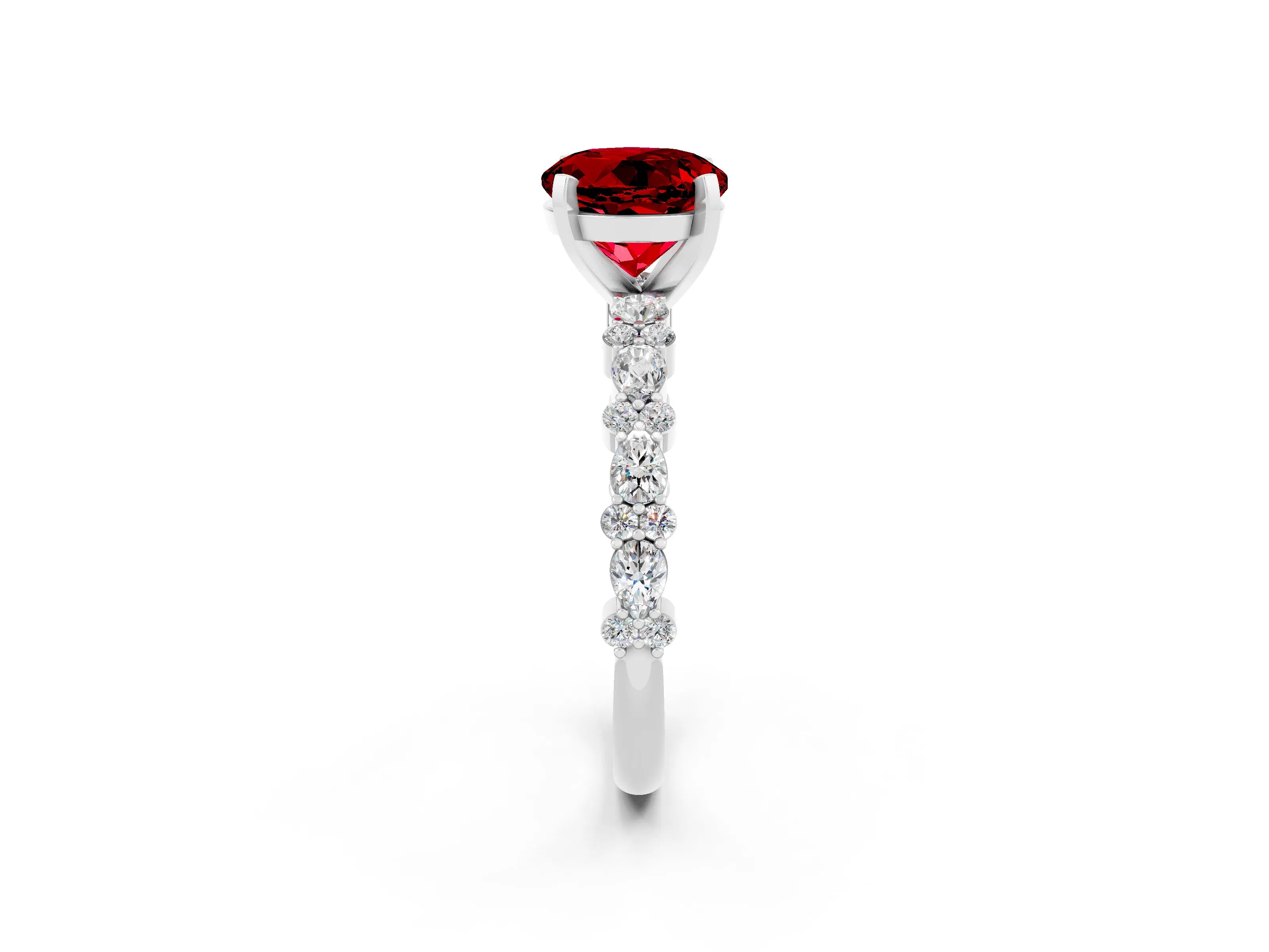 White gold Round Cut Ruby Solitaire with Side Stones, Pave Band, Four-Prong Setting_56