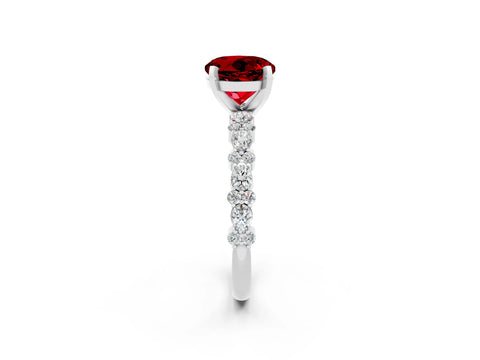 White gold Round Cut Ruby Solitaire with Side Stones, Pave Band, Four-Prong Setting_56