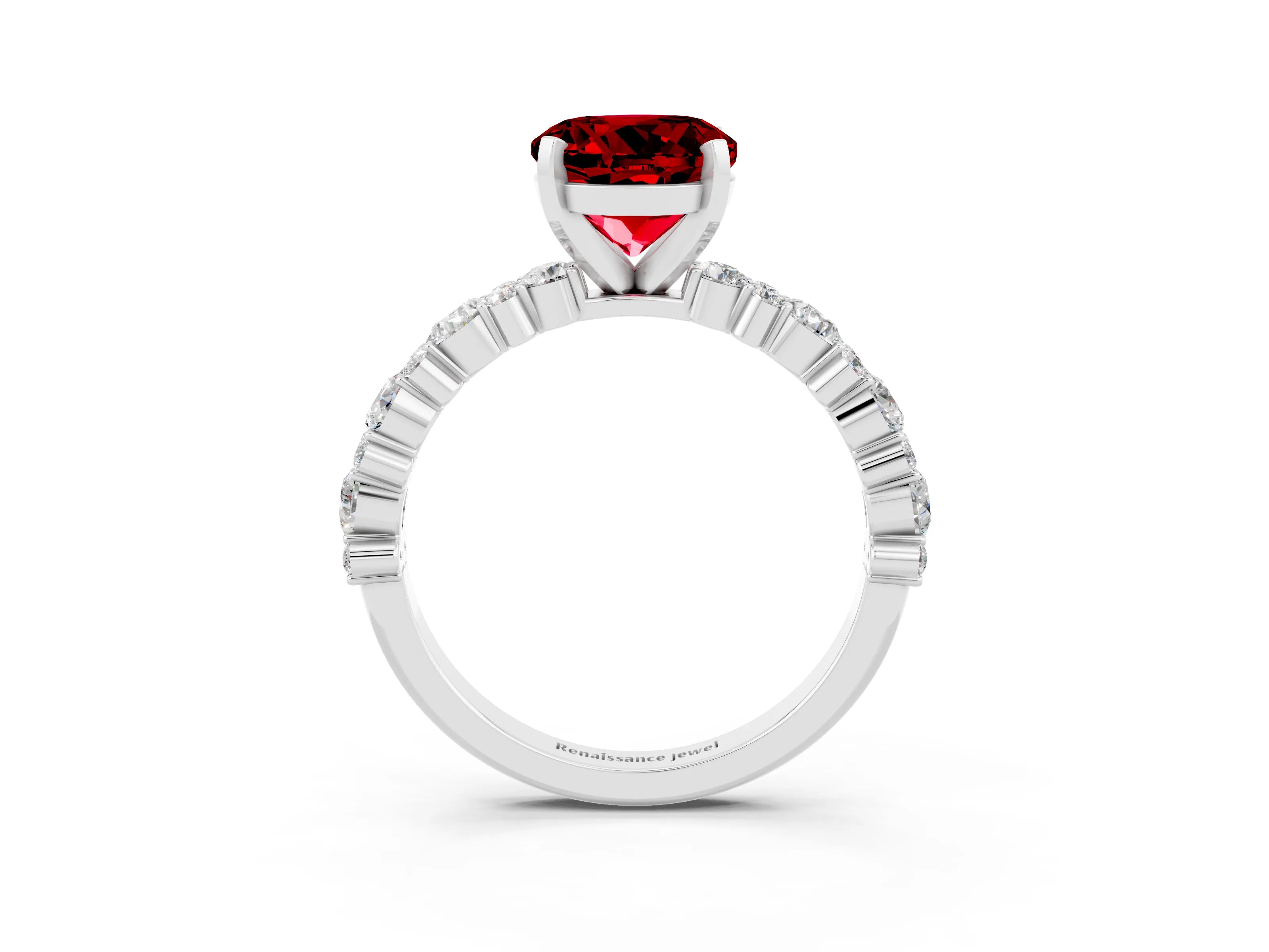 White gold Round Cut Ruby Solitaire with Side Stones, Pave Band, Four-Prong Setting_57