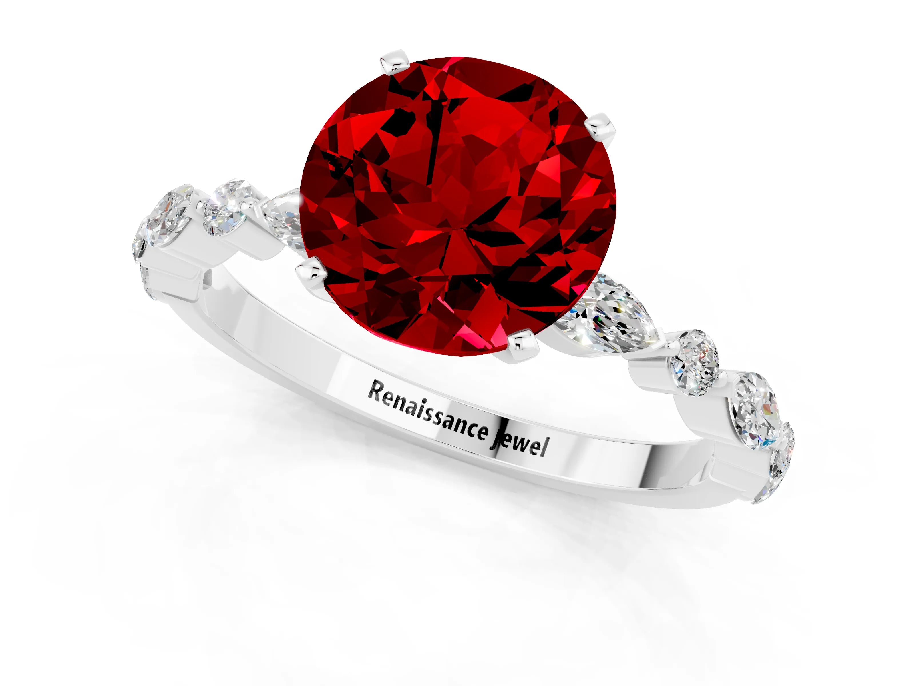 White gold Round Cut Ruby Solitaire with Side Stones on a Pavé Band and Four-Prong Setting_1