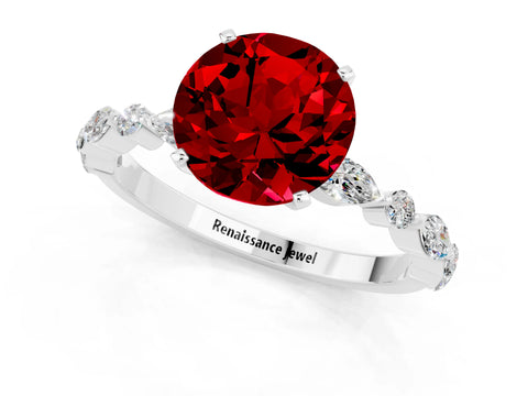White gold Round Cut Ruby Solitaire with Side Stones on a Pavé Band and Four-Prong Setting_1