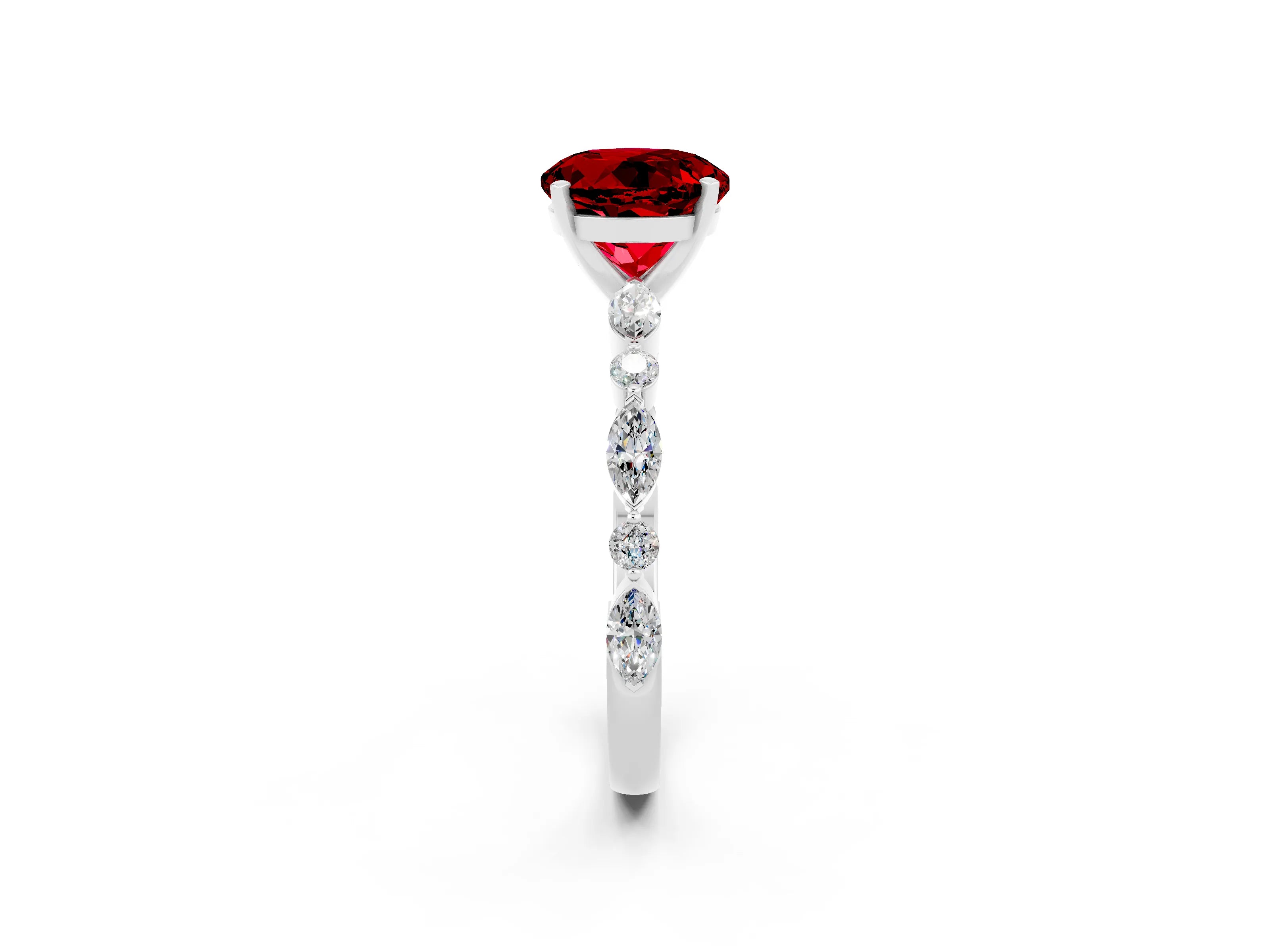White gold Round Cut Ruby Solitaire with Side Stones on a Pavé Band and Four-Prong Setting_2