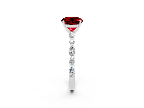 White gold Round Cut Ruby Ring with Marquise and Round  Side Stones and Four-Prong Setting