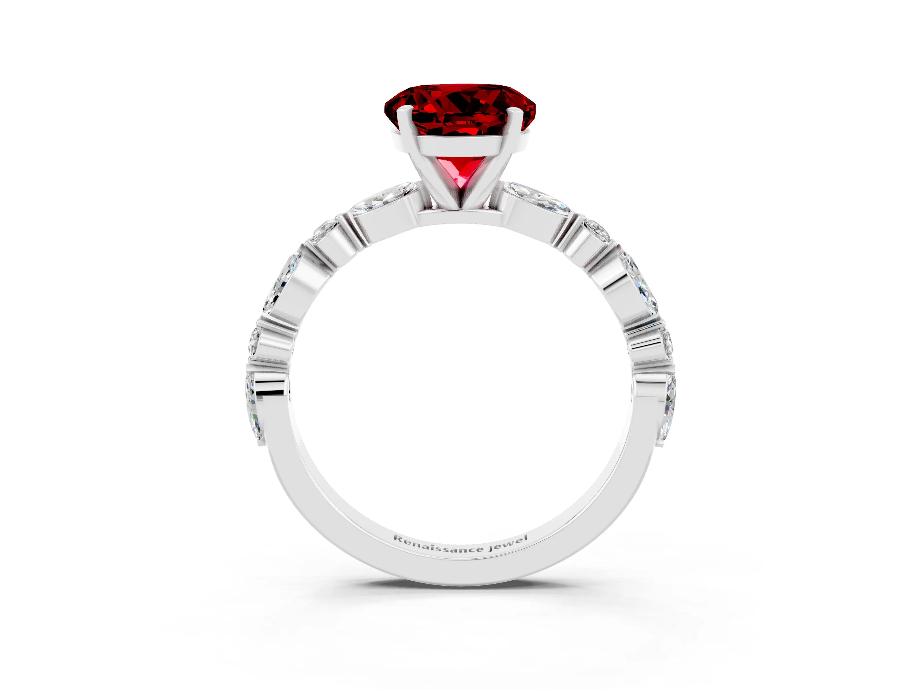 White gold Round Cut Ruby Solitaire with Side Stones on a Pavé Band and Four-Prong Setting_3