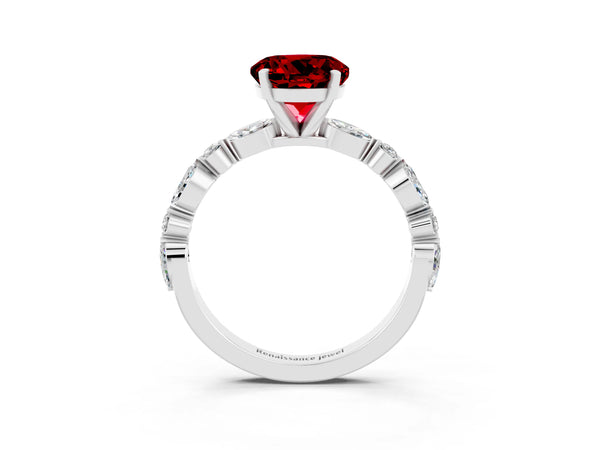 Platinum Round Cut Ruby Ring with Marquise and Round  Side Stones and Four-Prong Setting