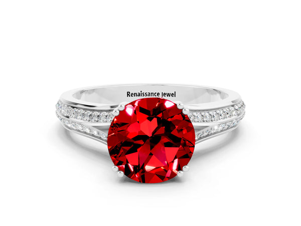 White gold Round Cut Ruby Split Shank Engagement Ring with Pavé Band