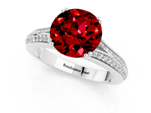 White gold Round Cut Ruby Split Shank Engagement Ring with Pavé Band_1