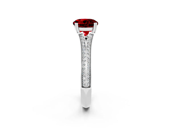 Platinum Round Cut Ruby Split Shank Engagement Ring with Pavé Band