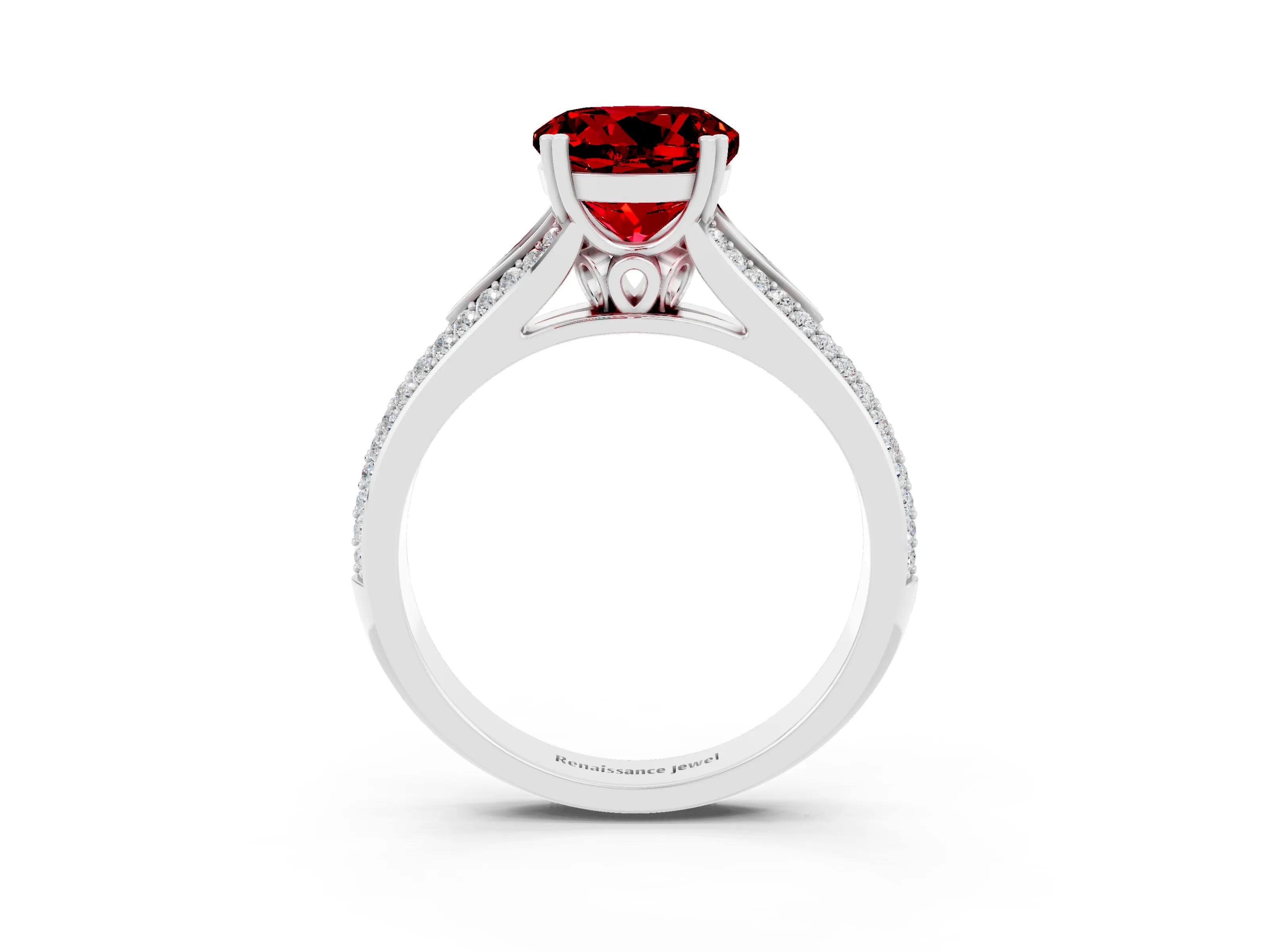White gold Round Cut Ruby Split Shank Engagement Ring with Pavé Band_3
