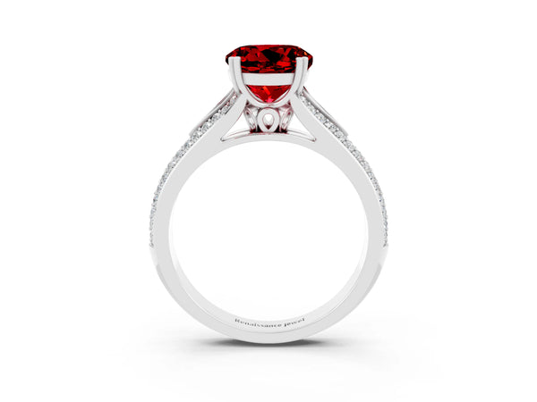 White gold Round Cut Ruby Split Shank Engagement Ring with Pavé Band