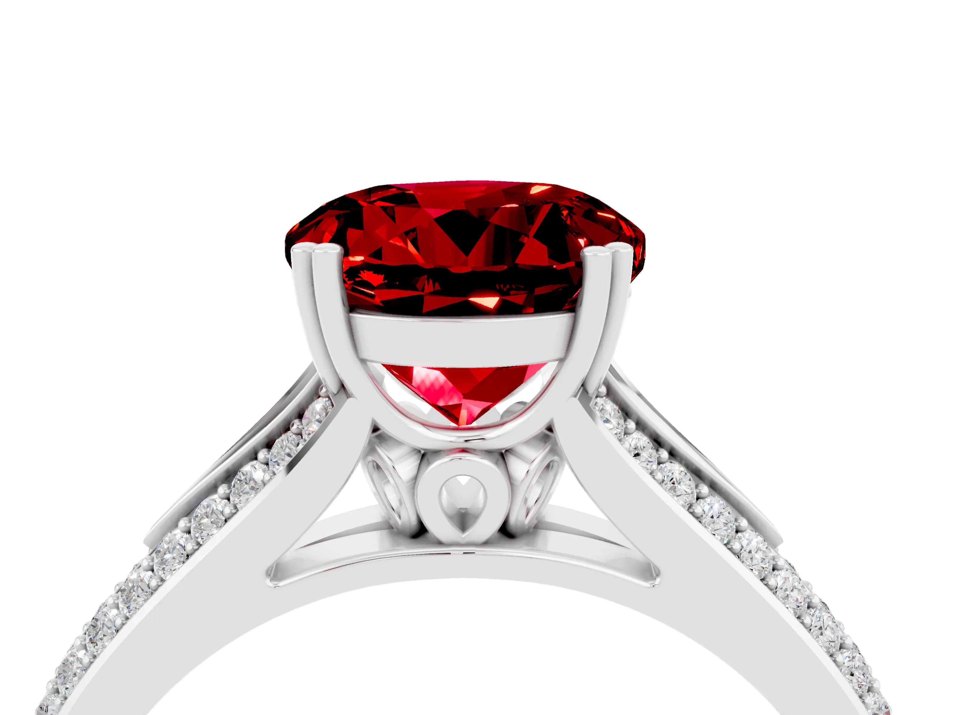 White gold Round Cut Ruby Split Shank Engagement Ring with Pavé Band_4