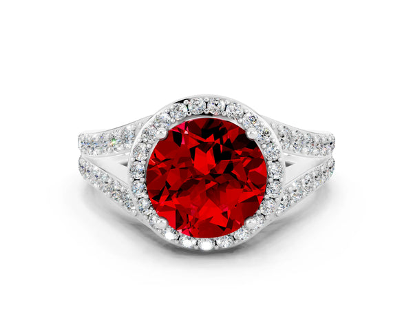 Platinum Round Cut Ruby Split Shank Halo Ring with Four-Prong Setting