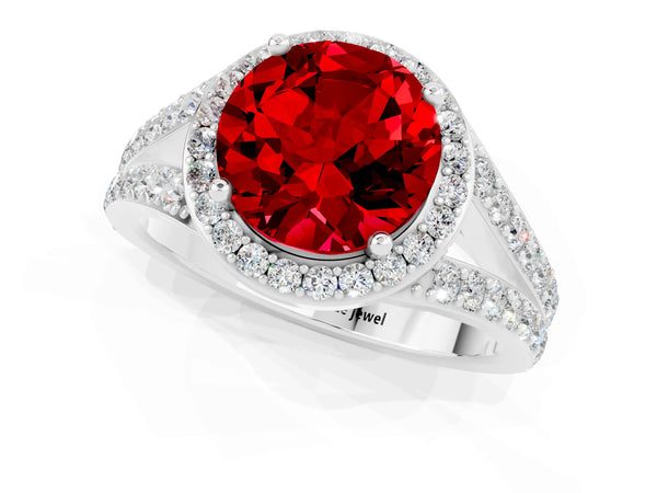 Platinum Round Cut Ruby Split Shank Halo Ring with Four-Prong Setting