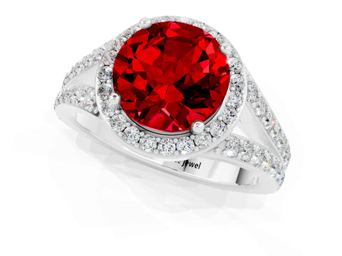 White gold Round Cut Ruby Split Shank Halo Ring with Four-Prong Setting_13