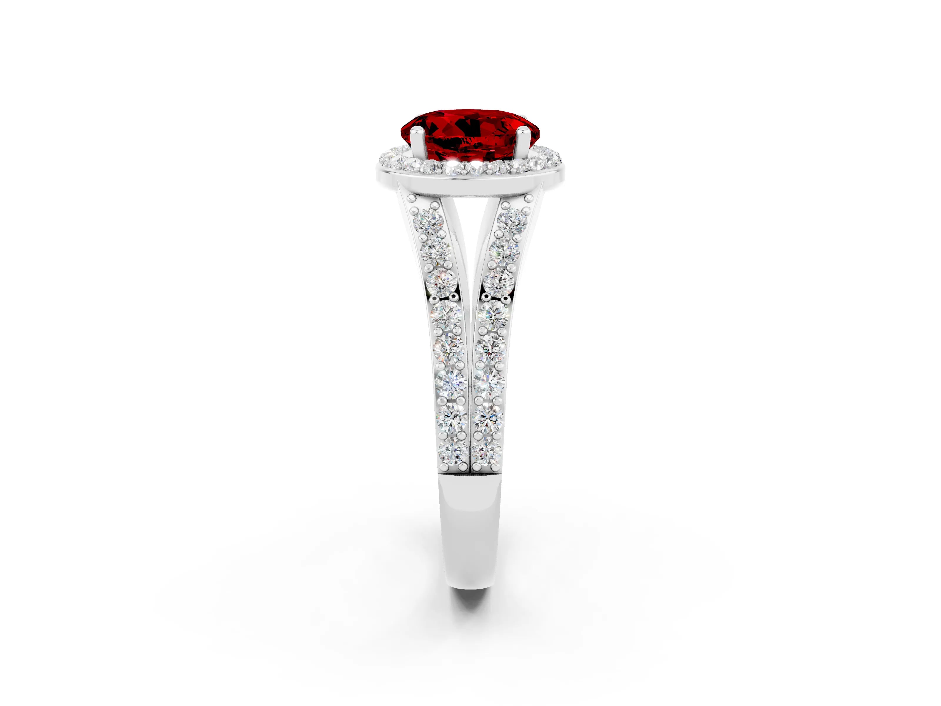White gold Round Cut Ruby Split Shank Halo Ring with Four-Prong Setting_14