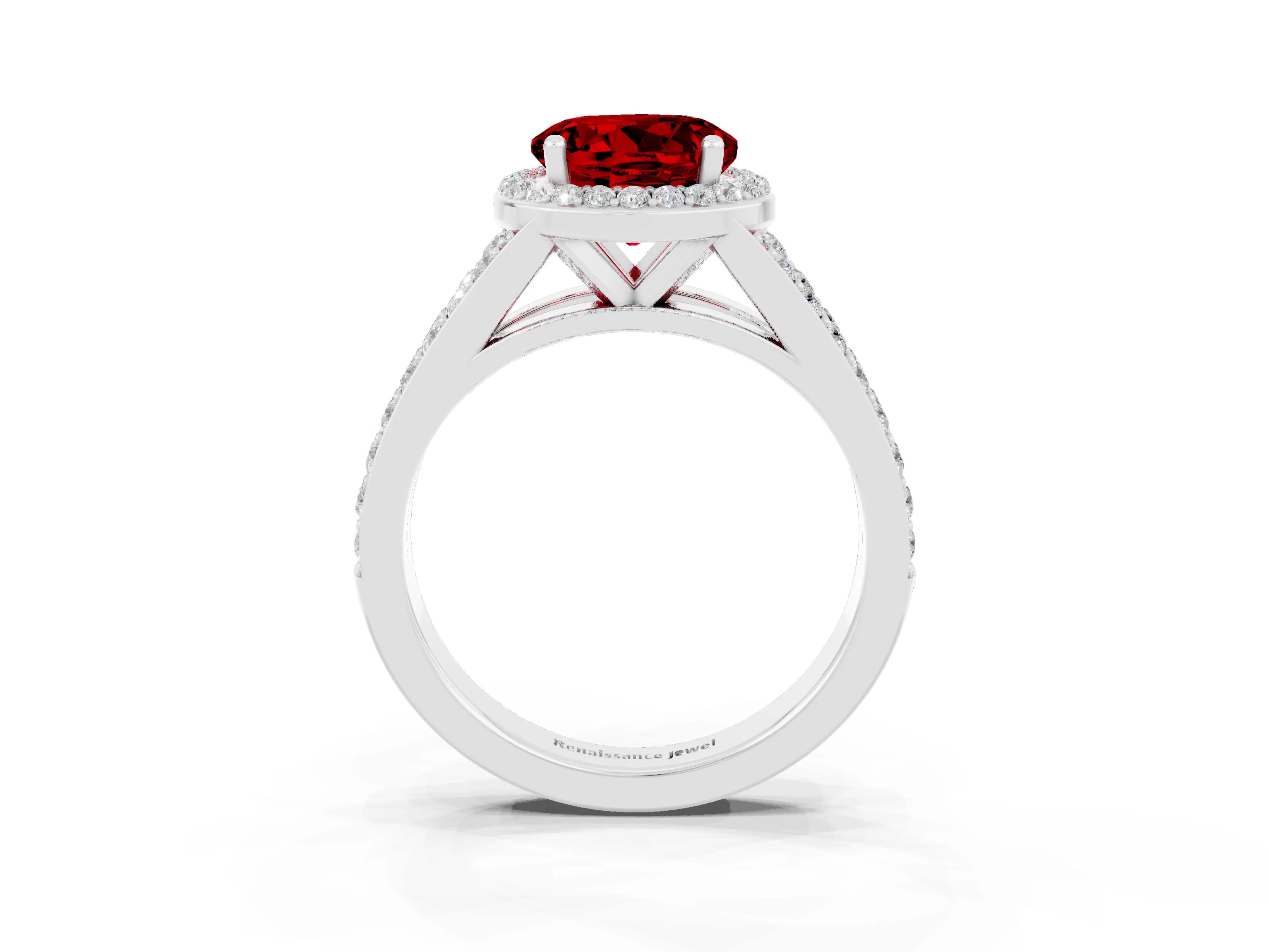 White gold Round Cut Ruby Split Shank Halo Ring with Four-Prong Setting_15