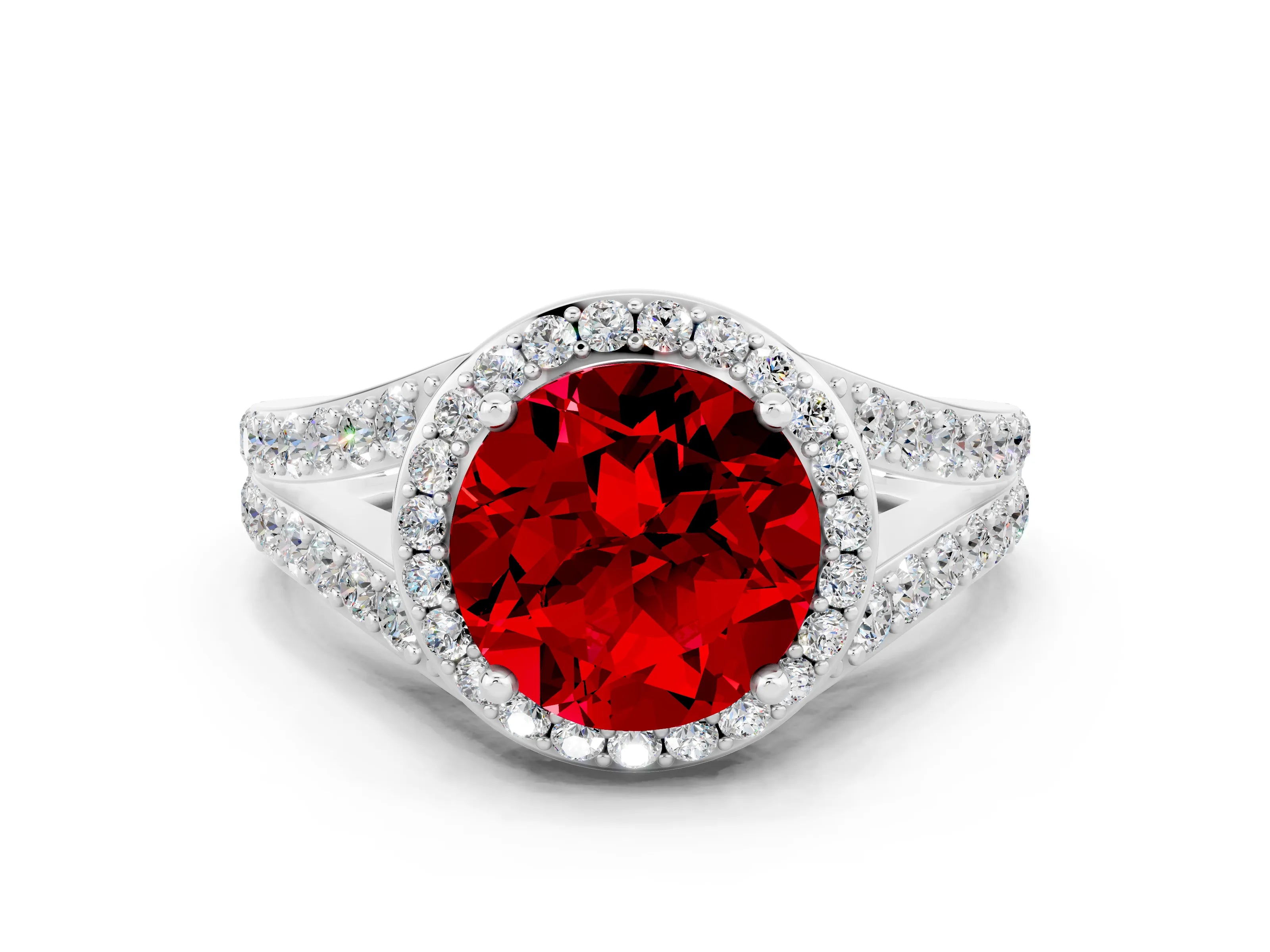 White gold Round Cut Ruby Split Shank Halo Ring with Four-Prong Setting_24