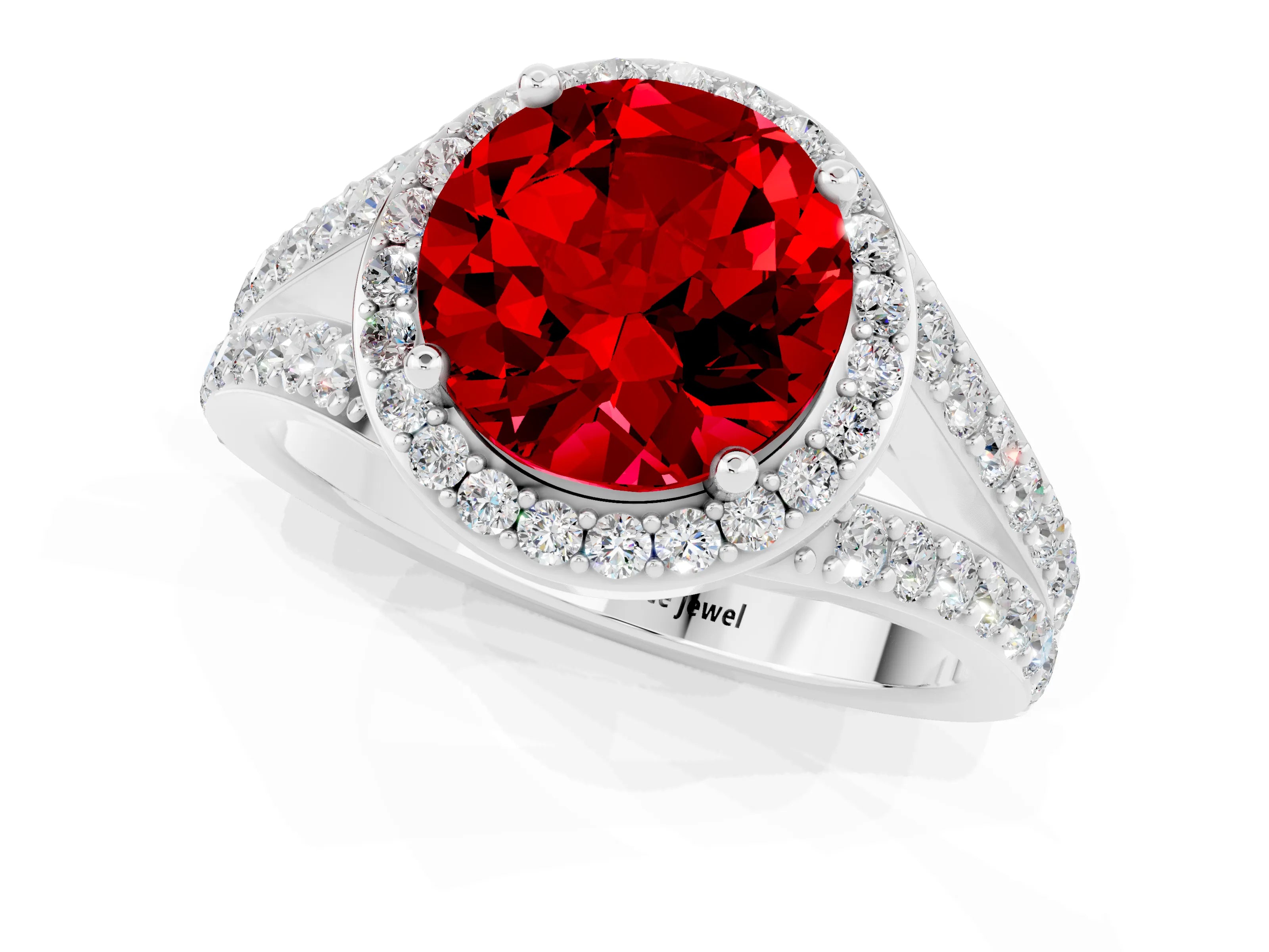 White gold Round Cut Ruby Split Shank Halo Ring with Four-Prong Setting_25