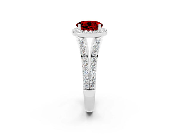 White gold Round Cut Ruby Split Shank Halo Ring with Four-Prong Setting