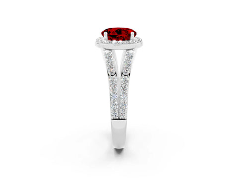 White gold Round Cut Ruby Split Shank Halo Ring with Four-Prong Setting_26