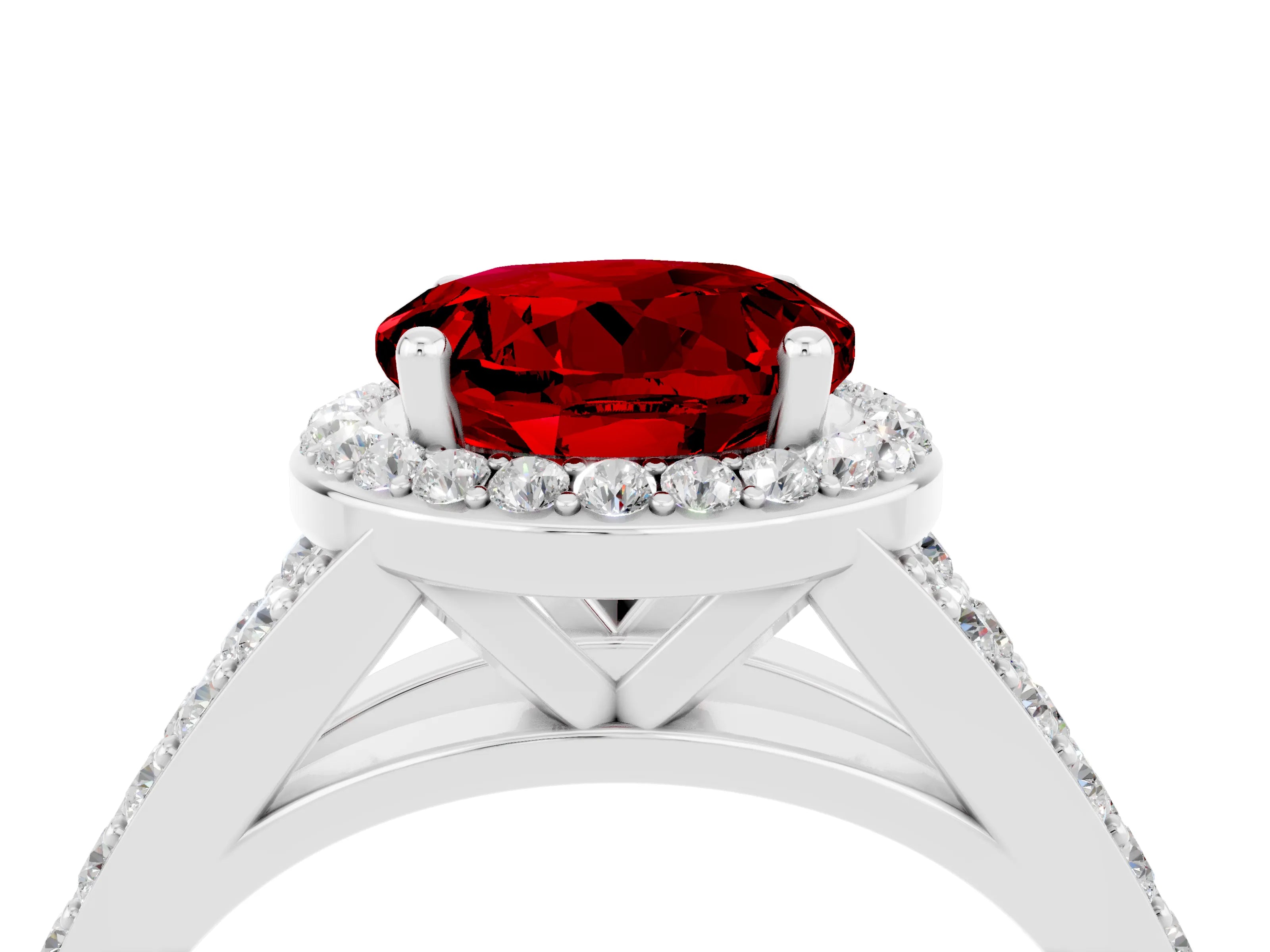 White gold Round Cut Ruby Split Shank Halo Ring with Four-Prong Setting_28