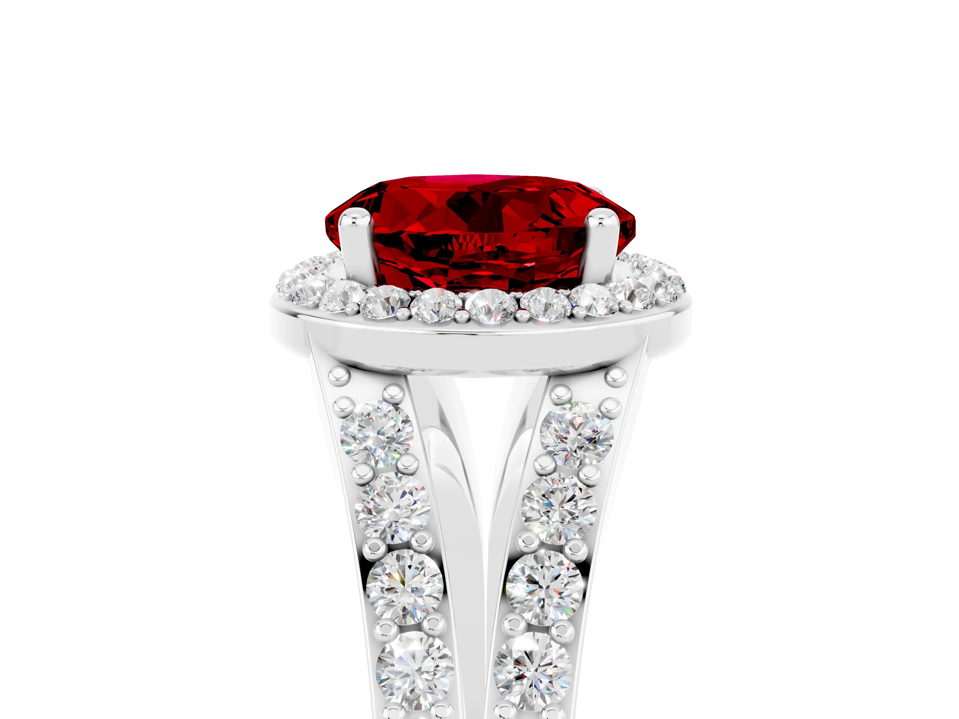 White gold Round Cut Ruby Split Shank Halo Ring with Four-Prong Setting_29