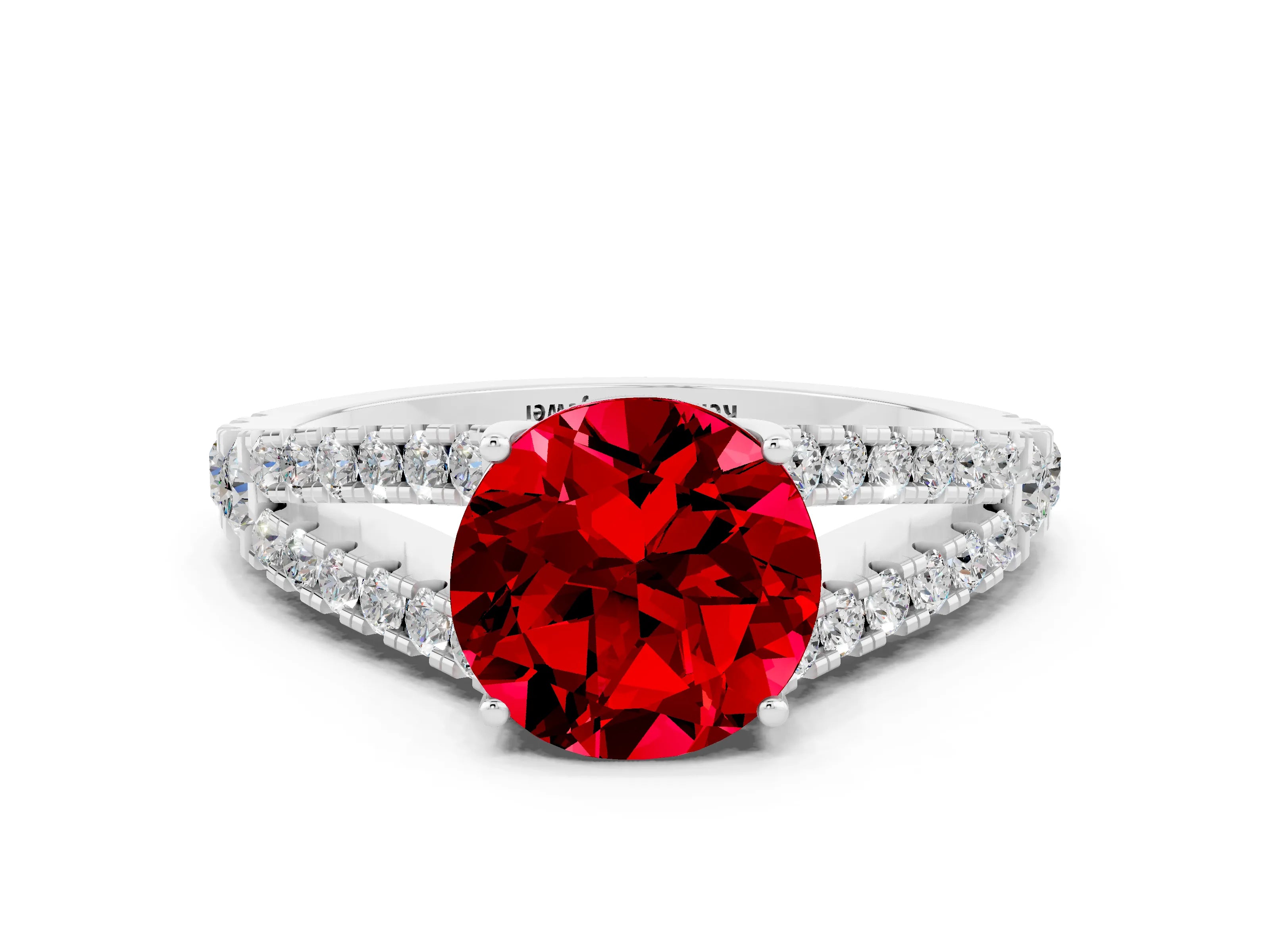 White gold Round Cut Ruby Split Shank Pavé Engagement Ring with Four-Prong Setting_12