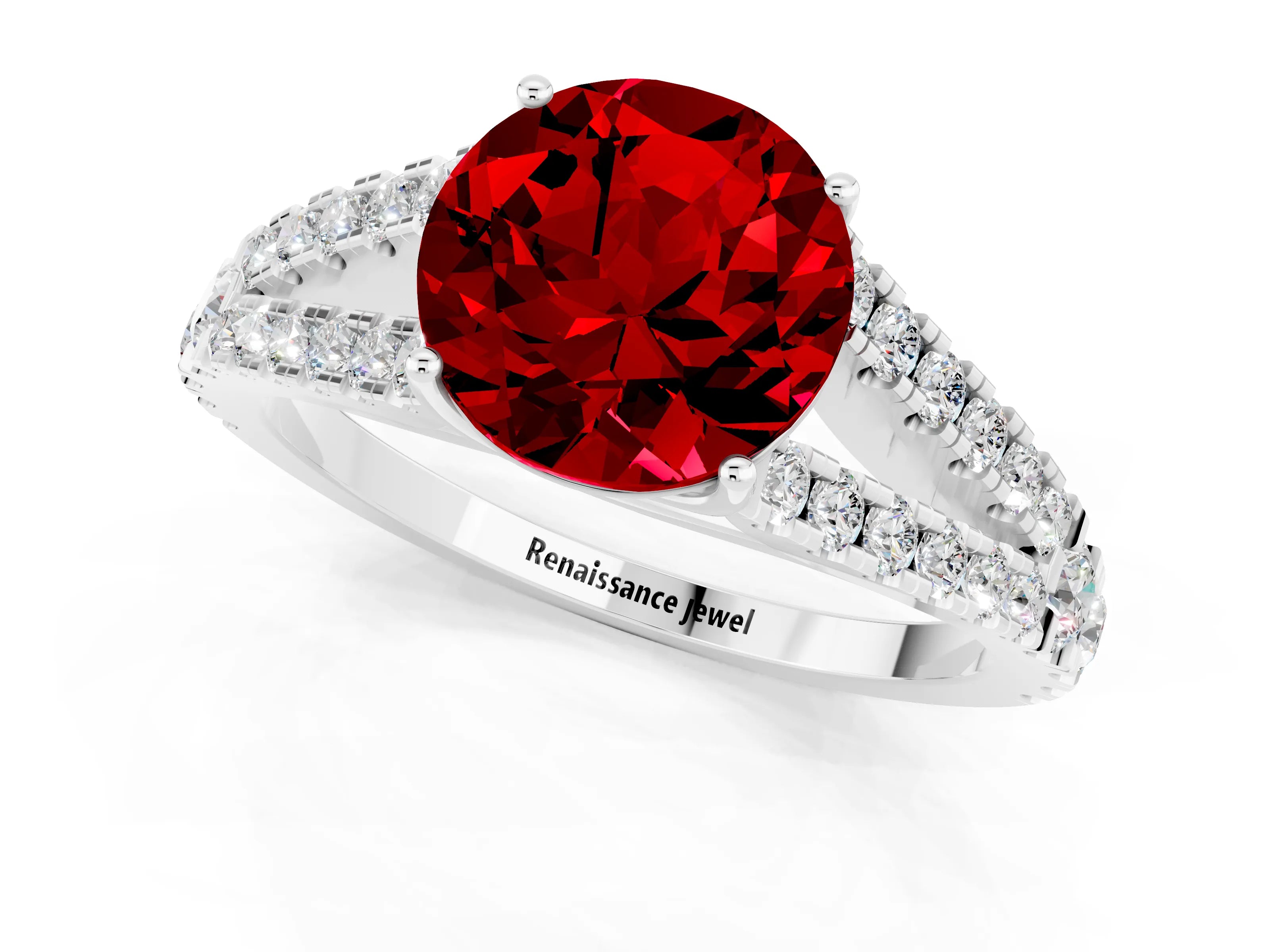 White gold Round Cut Ruby Split Shank Pavé Engagement Ring with Four-Prong Setting_13
