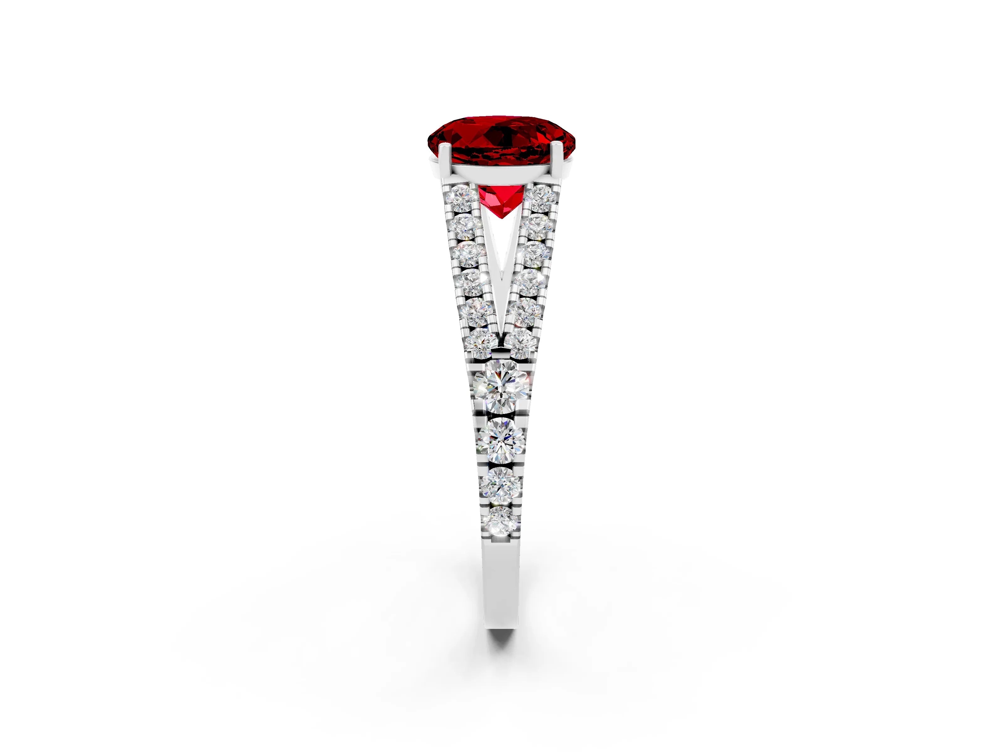 White gold Round Cut Ruby Split Shank Pavé Engagement Ring with Four-Prong Setting_14