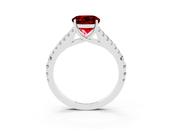 Platinum Round Cut Ruby Split Shank Pavé Engagement Ring with Four-Prong Setting