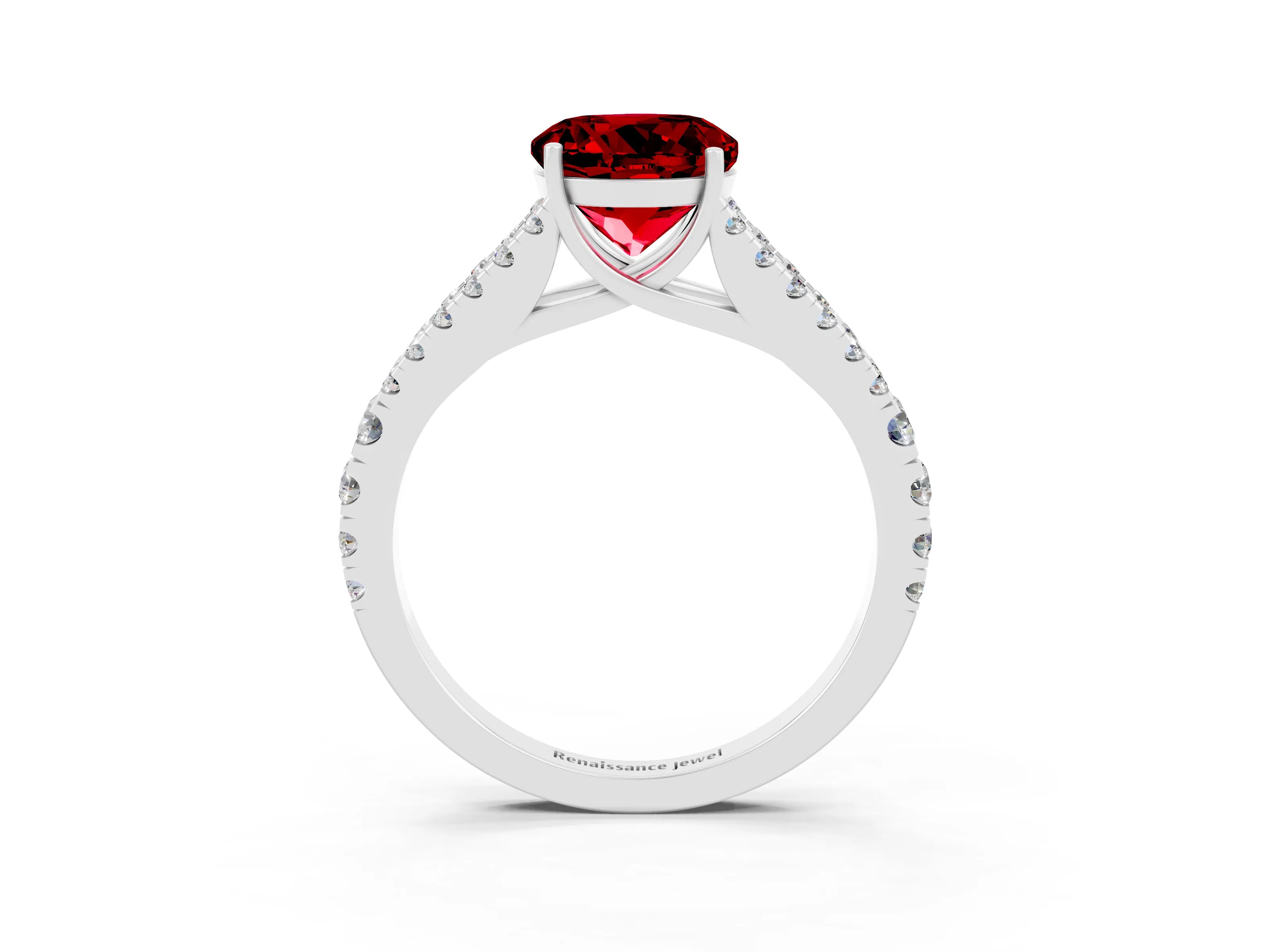 White gold Round Cut Ruby Split Shank Pavé Engagement Ring with Four-Prong Setting_15