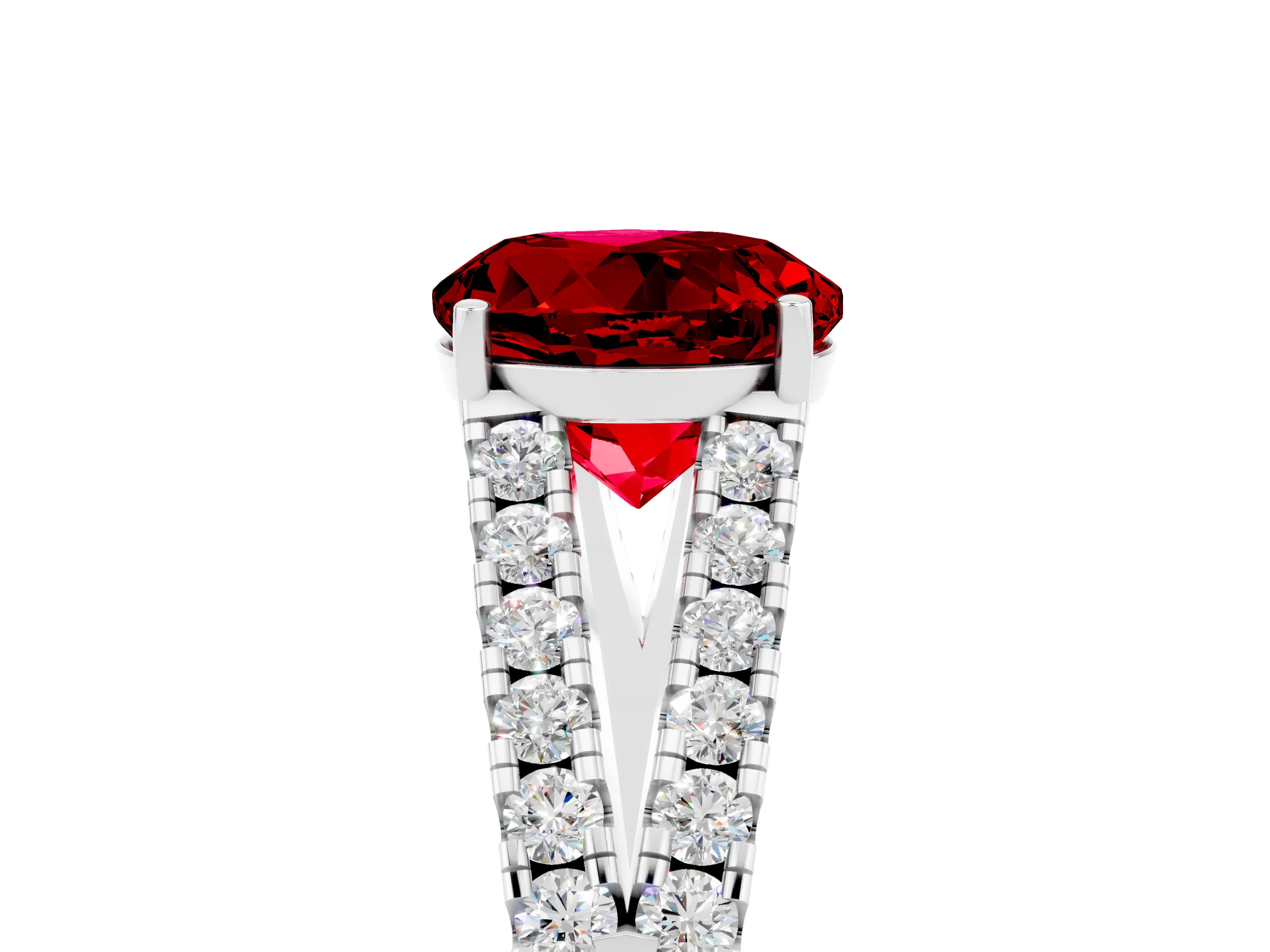 White gold Round Cut Ruby Split Shank Pavé Engagement Ring with Four-Prong Setting_17
