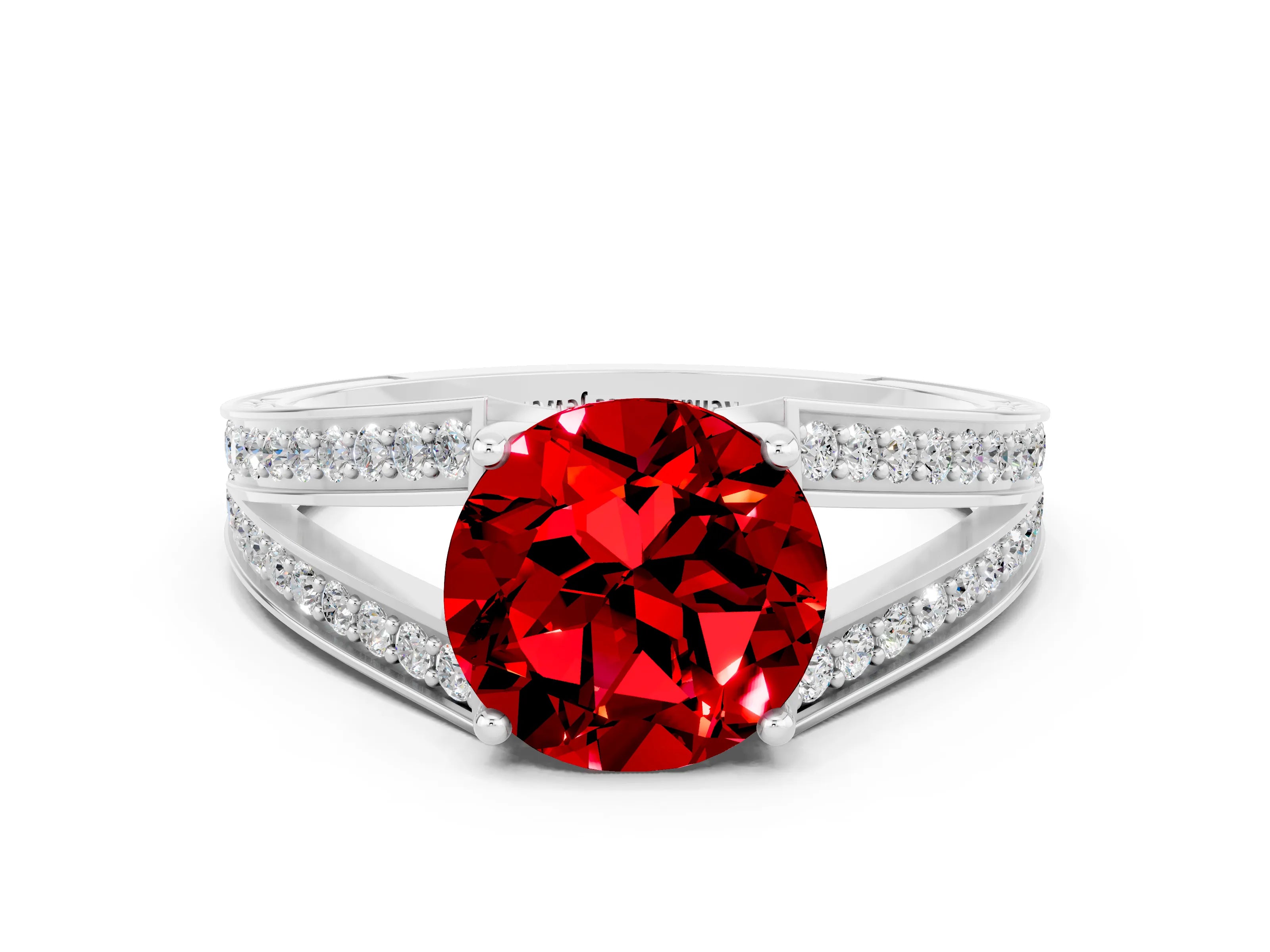 White gold Round Cut Ruby Split Shank Ring with Pavé Band and Four-Prong Setting