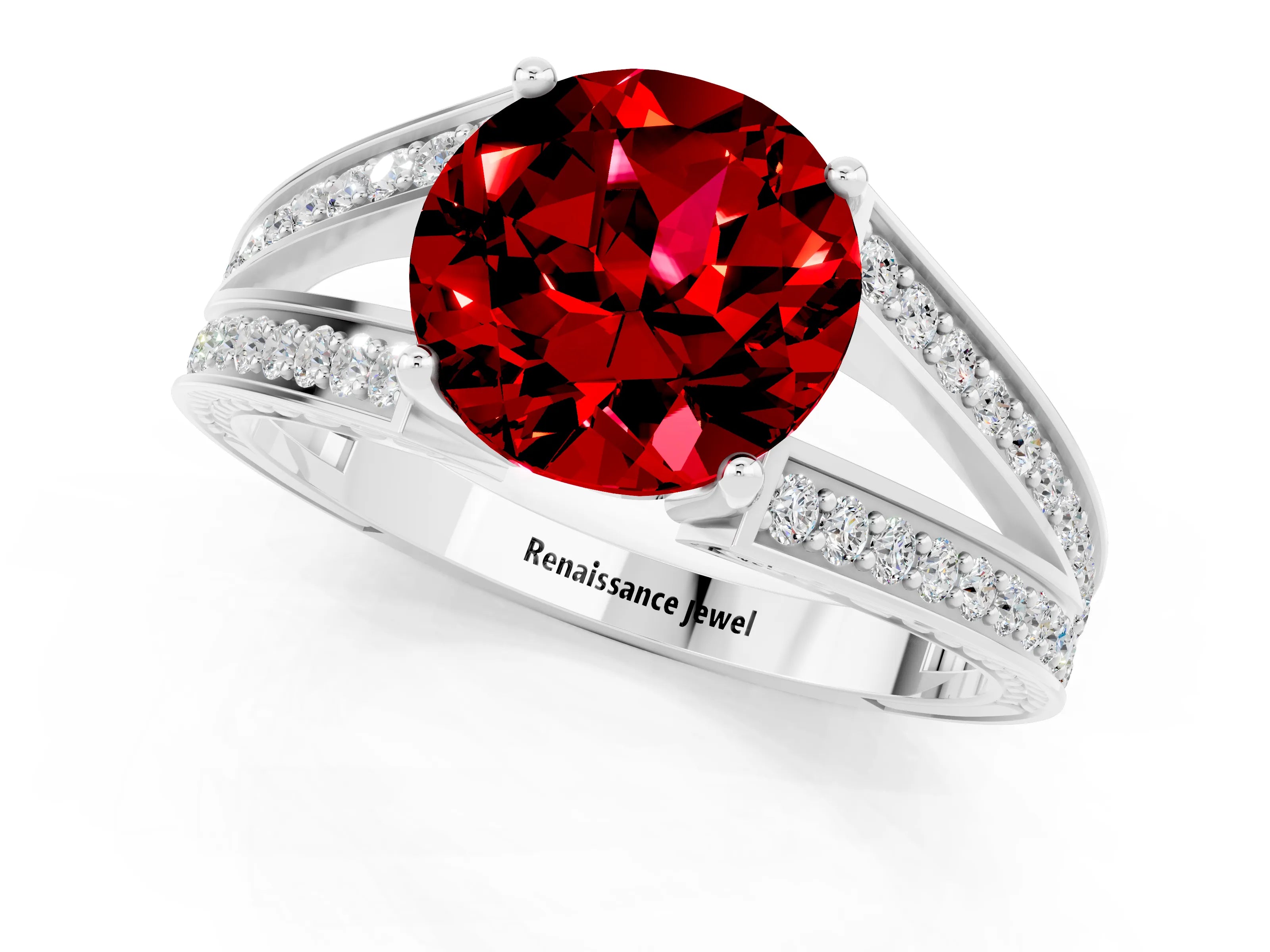 White gold Round Cut Ruby Split Shank Ring with Pavé Band and Four-Prong Setting_1