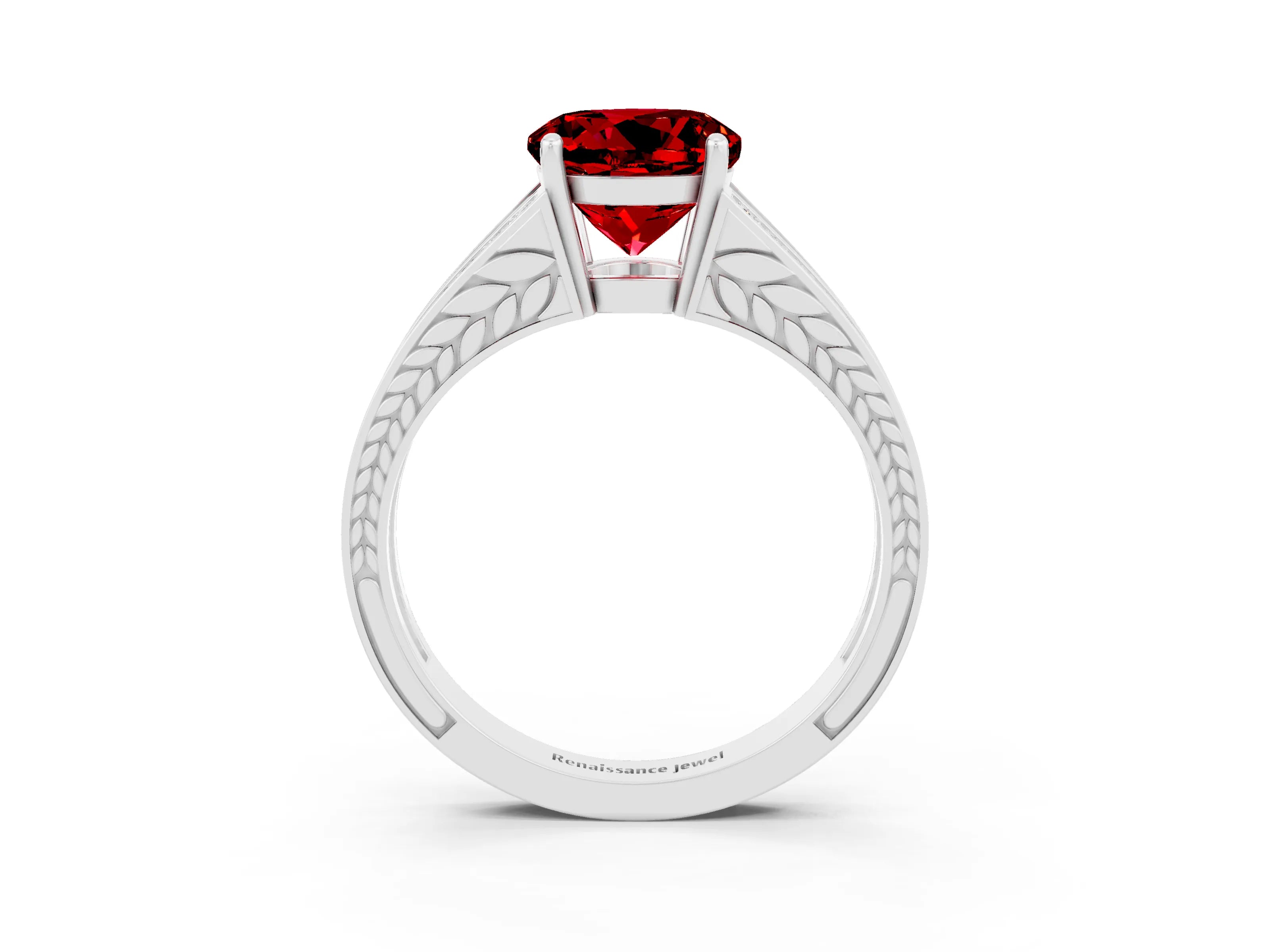 White gold Round Cut Ruby Split Shank Ring with Pavé Band and Four-Prong Setting_3