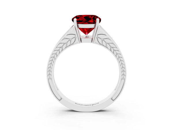 White gold Round Cut Ruby Split Shank Ring with Pavé Band and Four-Prong Setting