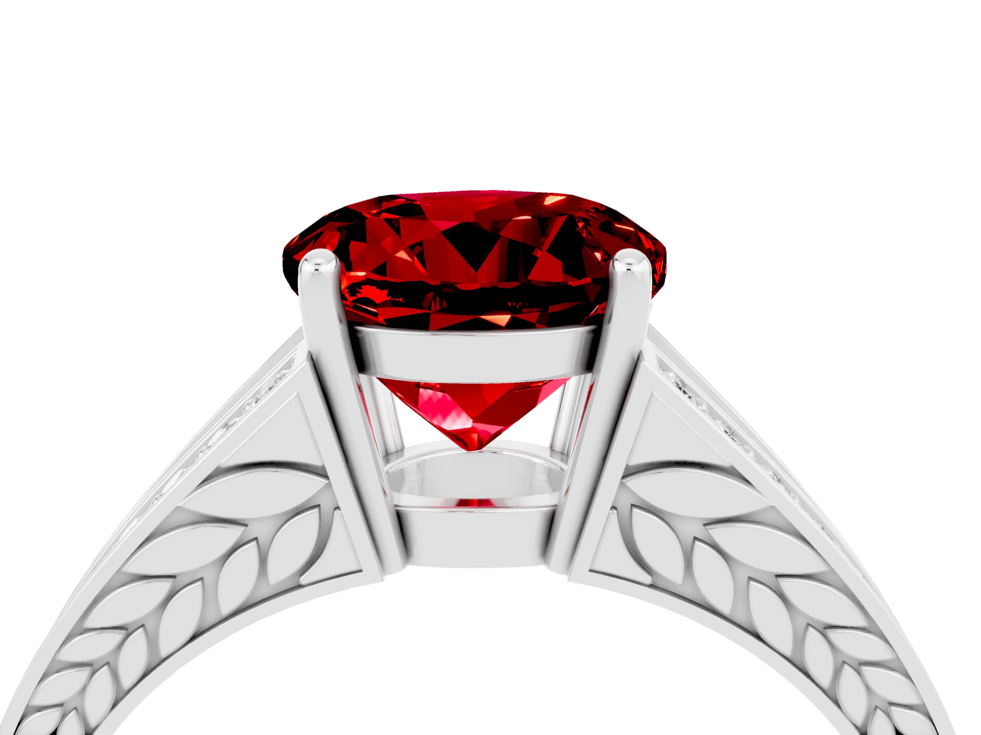 White gold Round Cut Ruby Split Shank Ring with Pavé Band and Four-Prong Setting_4