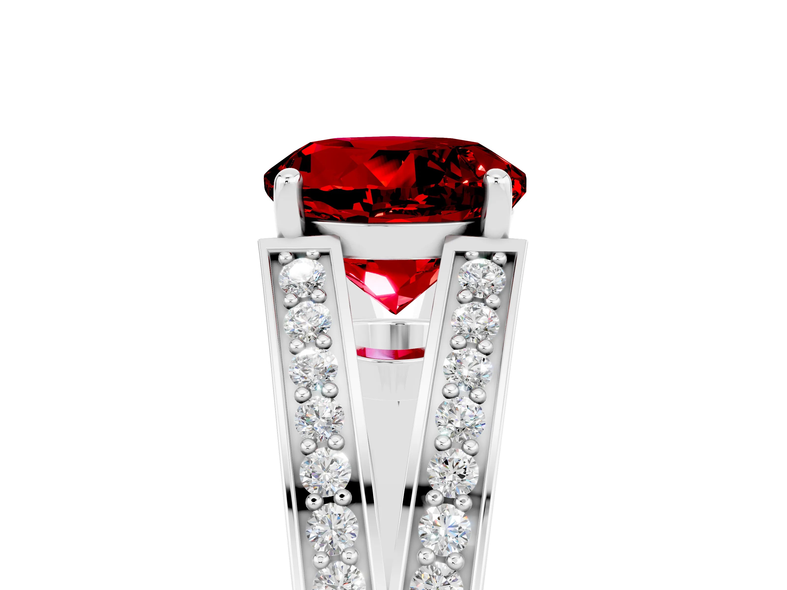 White gold Round Cut Ruby Split Shank Ring with Pavé Band and Four-Prong Setting_5